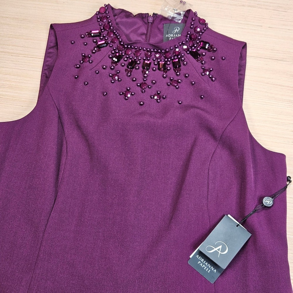Adrianna Papell Beaded Neckline Trapeze Crepe Dress Women 10 Beetroot Purple NEW